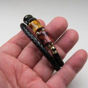 $350 24k over St. steel Tiger Eye Leather Bracelet Unisex
